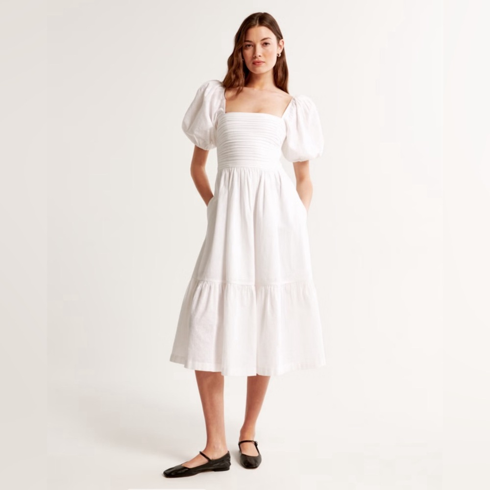 A&F Emerson Linen-Blend Puff Sleeve Midi Dress White